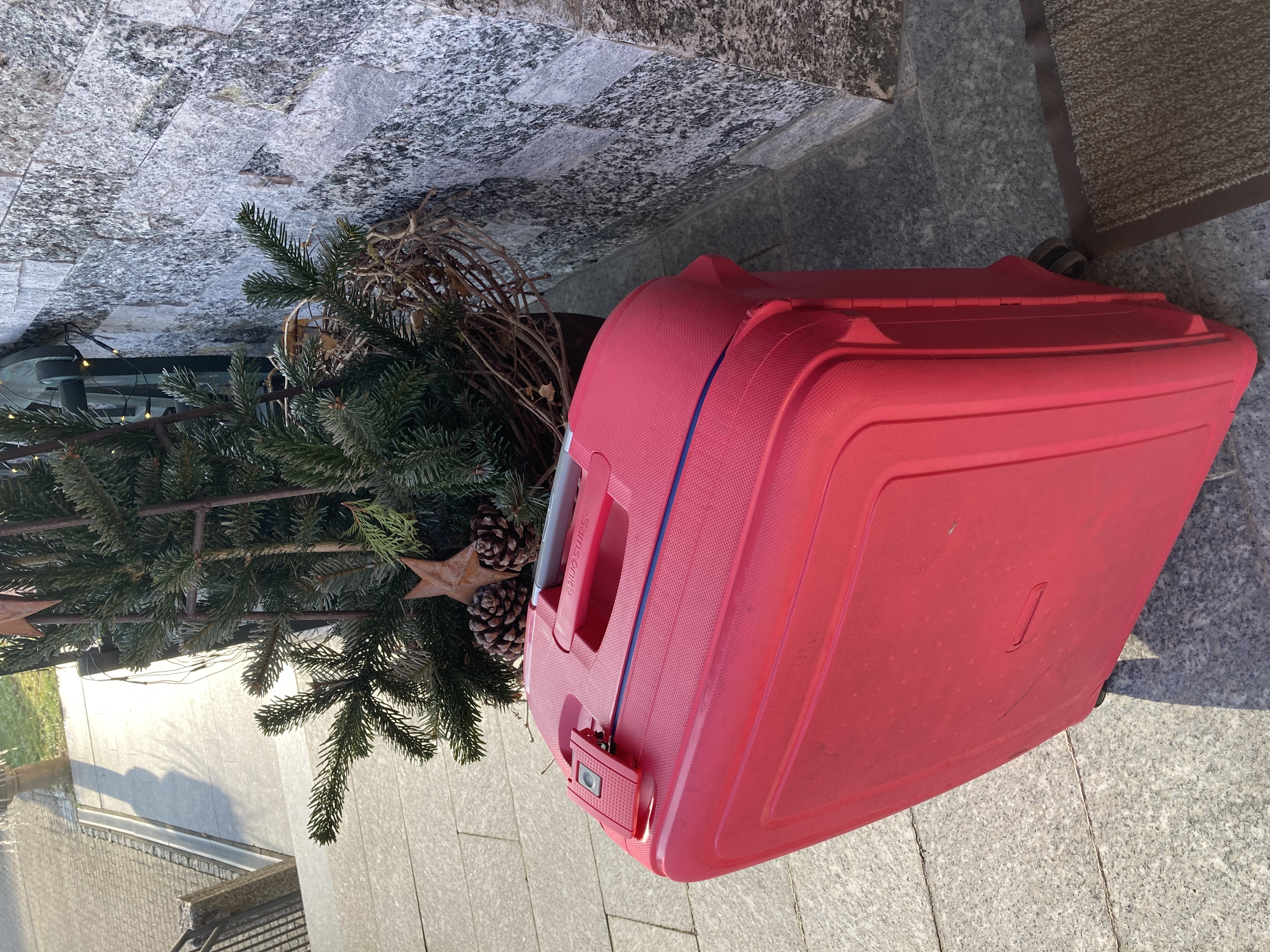 ein- kleiner- roter- koffer- steht -vor -der- haustuere-eine-erlebnisreise-steht-an